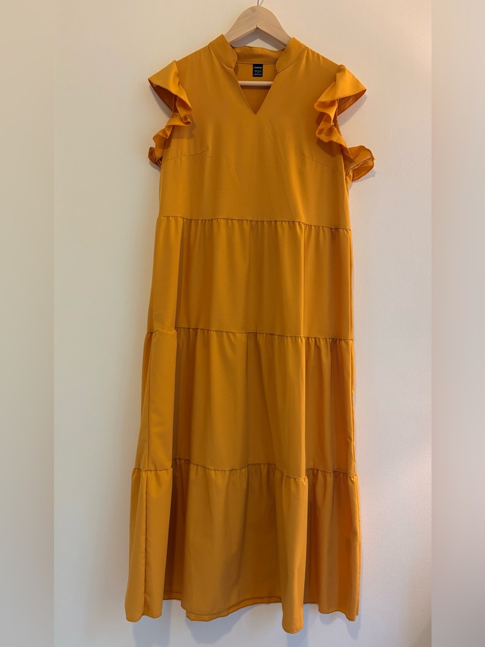 SHEIN Mustard Tiered Midi Dress with Ruffle Sleeves